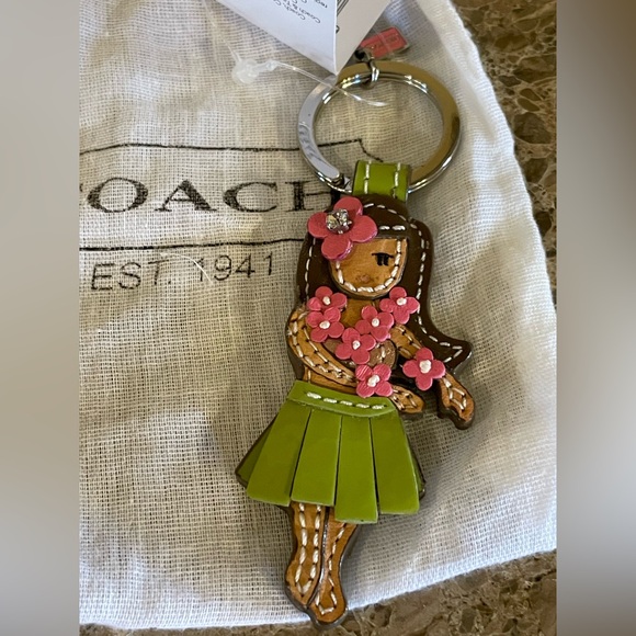 COACH NWT Hawaiian Hula Girl Leather Bag Charm Keychain WITH Dustbag - Picture 14 of 17